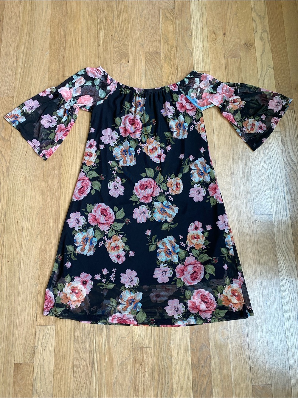 Potter's Pot S Black Floral Off-Shoulder Top with Pink and Green Accents